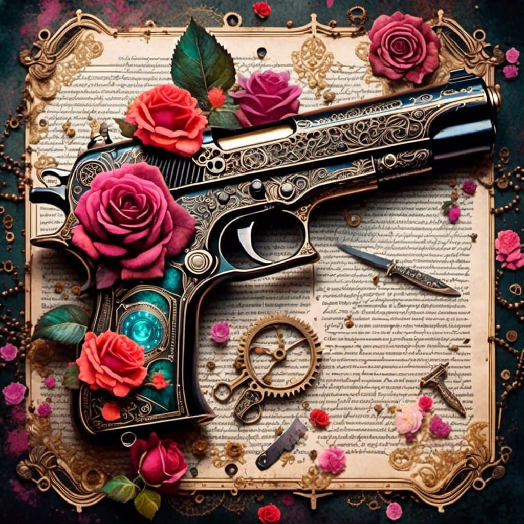 Steampunk Weaponry Watercolor with Roses