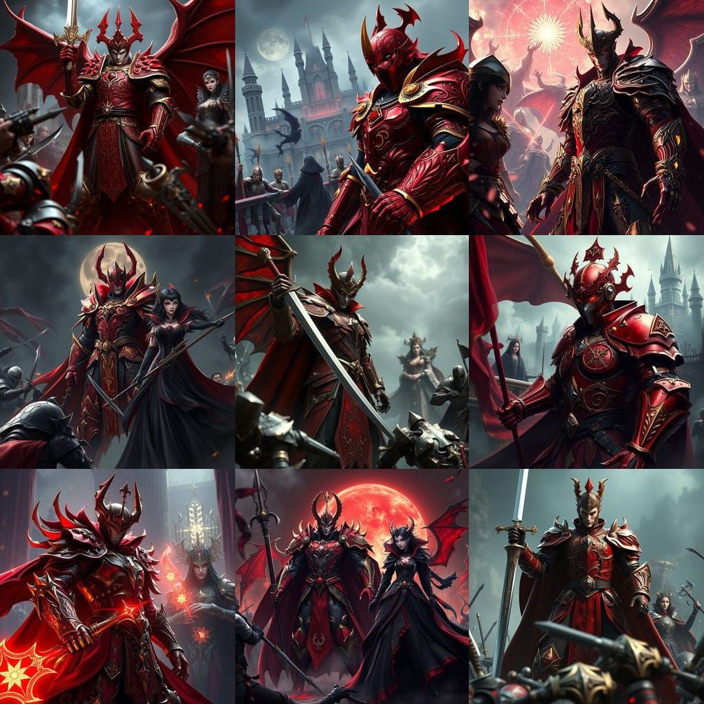 Majestic Vampire Lord in Red Plate Armor Fights Paladins