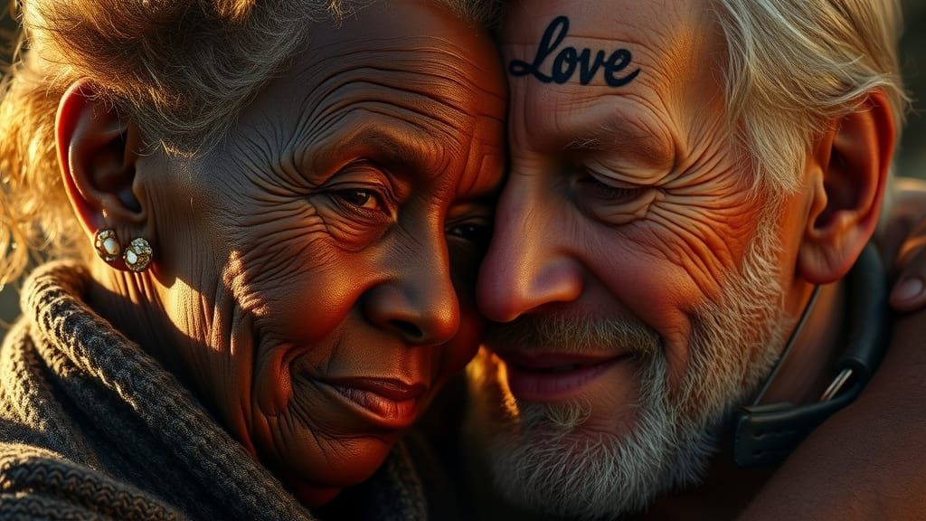 Elderly Couple's 'LOVE' Tattoo: Evocative Portrait
