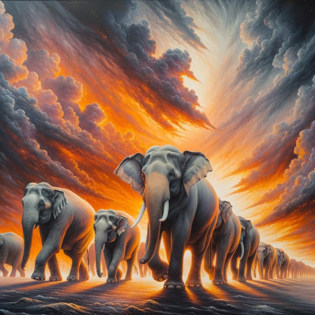 Elephants in Grayscale Against Fiery Landscape