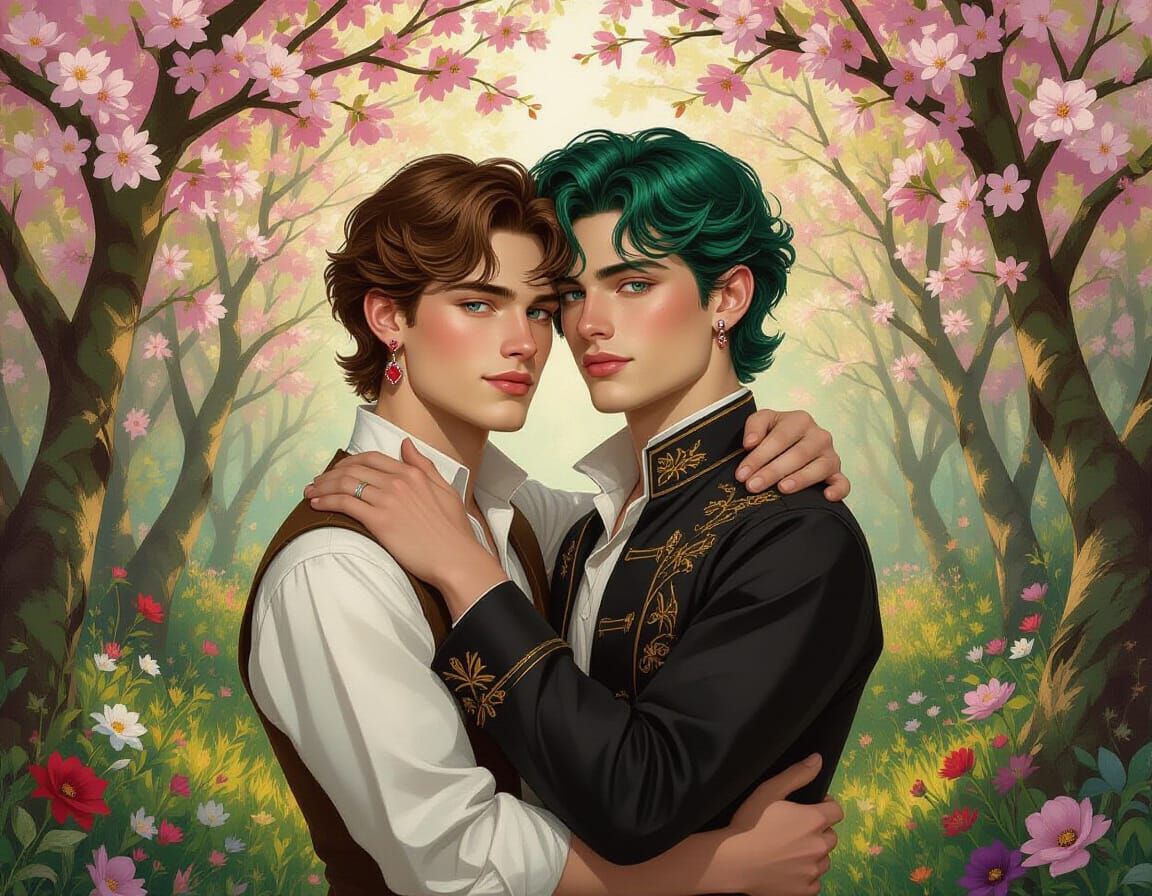 Young Men Embrace in Lush Flowering Forest