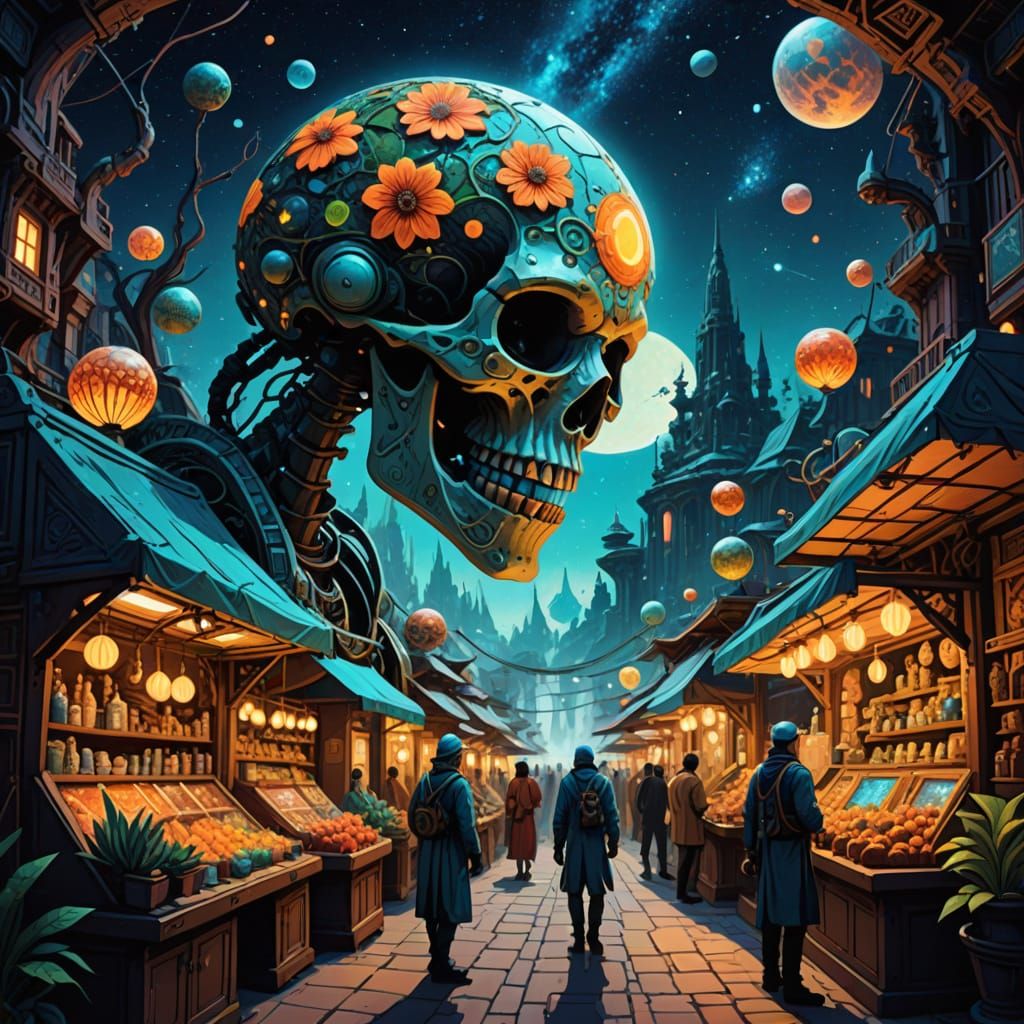 Alien Marketplace with Astronaut in Psychedelic Sci-Fi Style