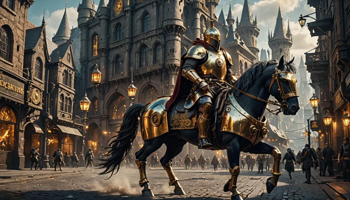 Golden Knight on Steampunk Horse in Cyberpunk City
