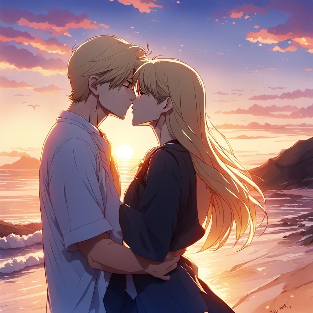 Anime Kiss on Beach at Sunset: Cel-Shaded Style