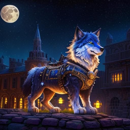 Steampunk Wolf under Starry Sky in Candy Art Style