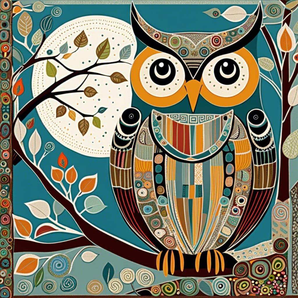 Snow Owl in Tree, Art Brut Style