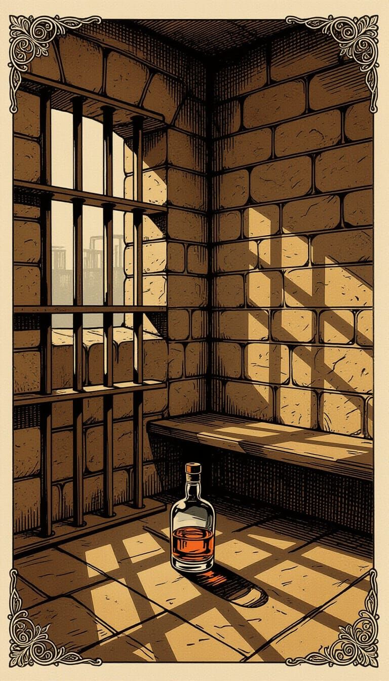 Whisky in Jail: Sepia Sketch in Syd Mead Style