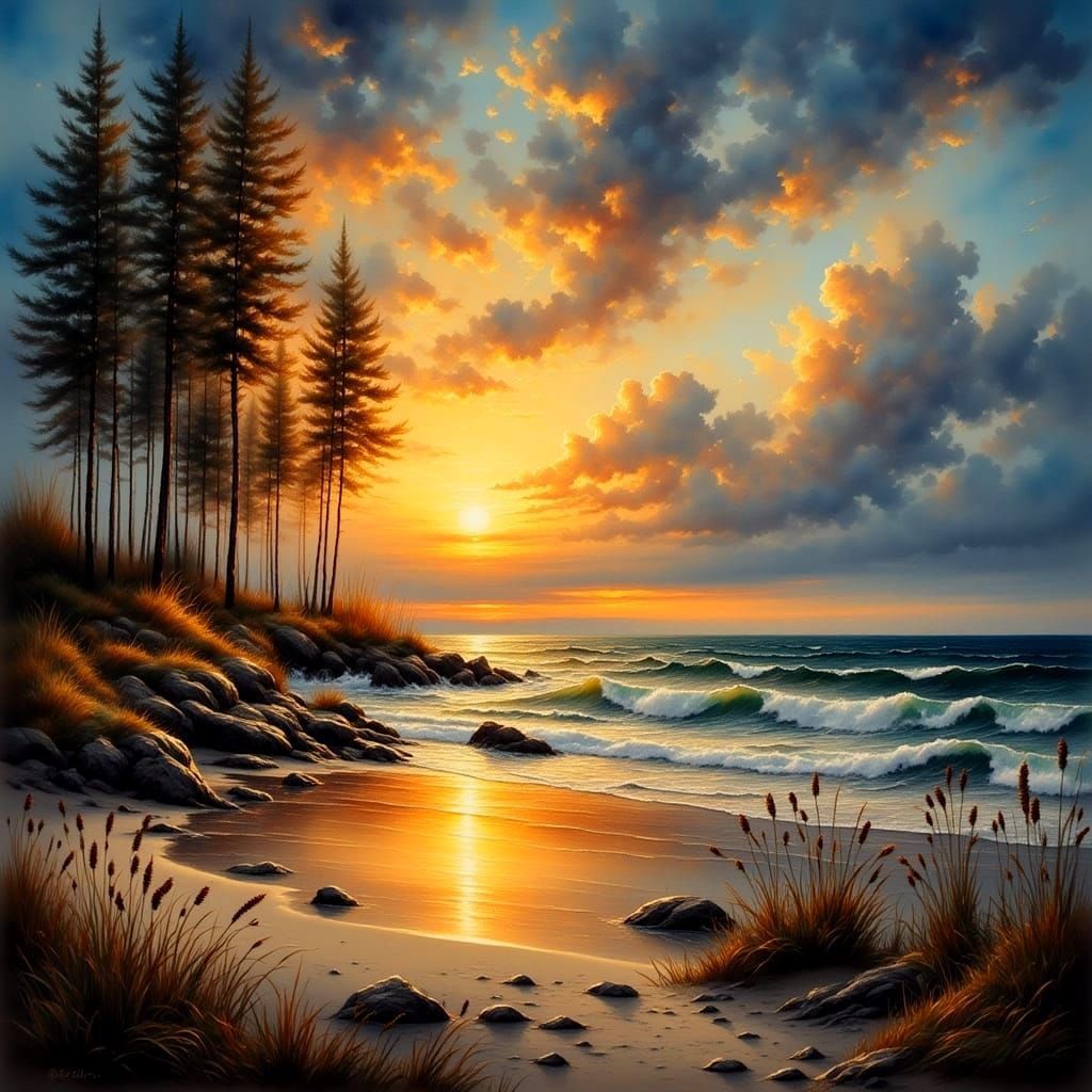 Beach Bonfire in Antique Watercolor Style