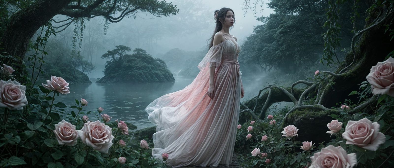 Ethereal Rose Garden in Cinematic Dark Fantasy Style