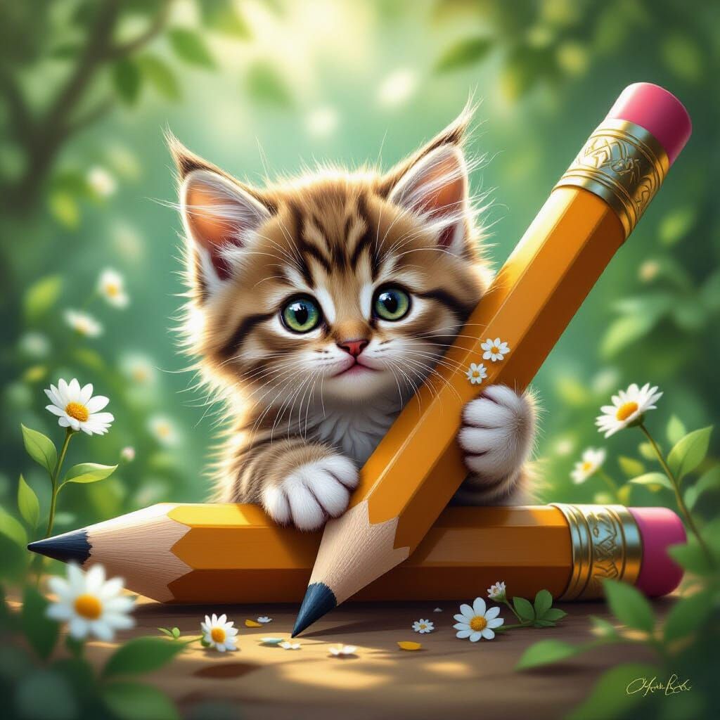 Fluffy Kitten Peeks From Giant Pencil in Enchanted Forest