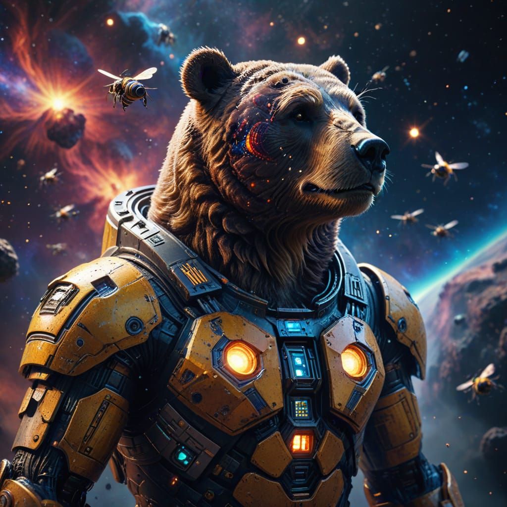 Cyberpunk Space Bear Battles Through Nebula in Vibrant Oil P...