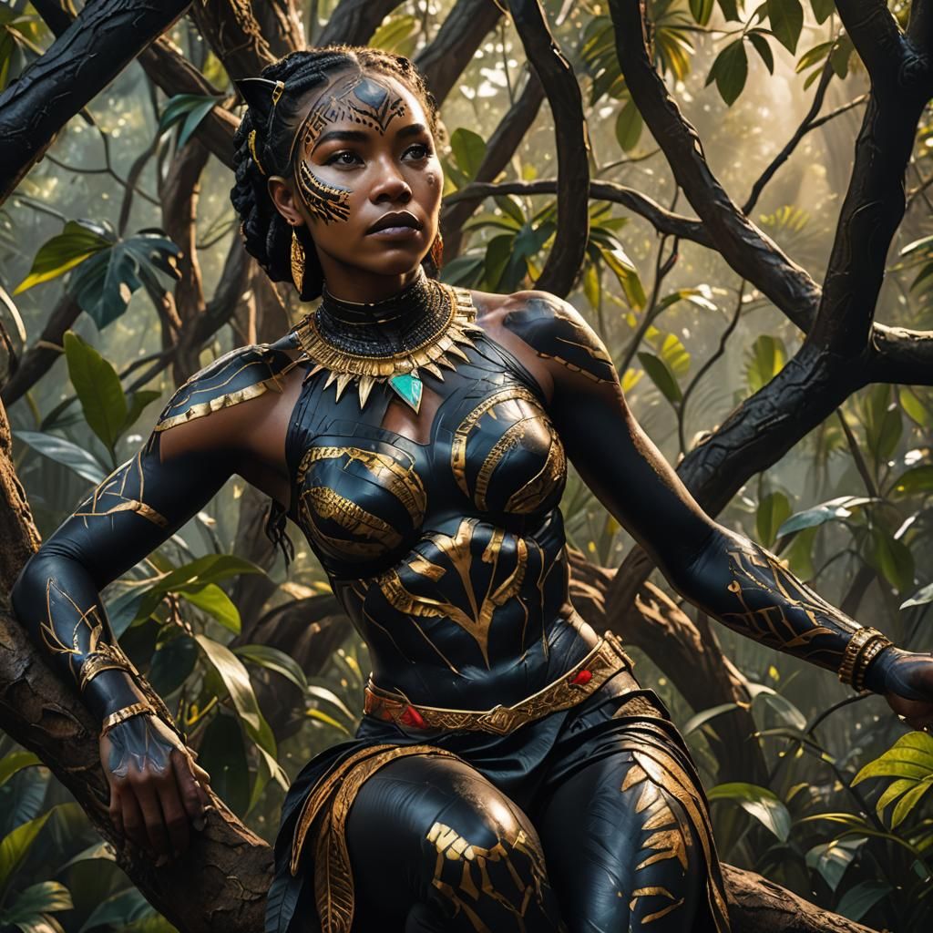 Amazonian Woman with Panther: Splash Art Portrait