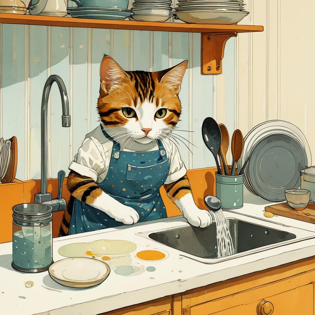 a cute cat in the kitchen washing dishes,