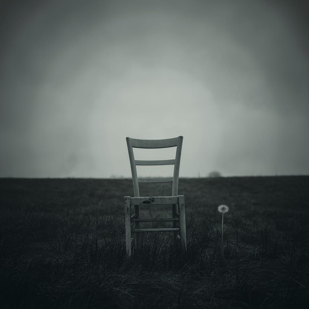 Melancholic Chair in Empty Field Under Gloomy Sky