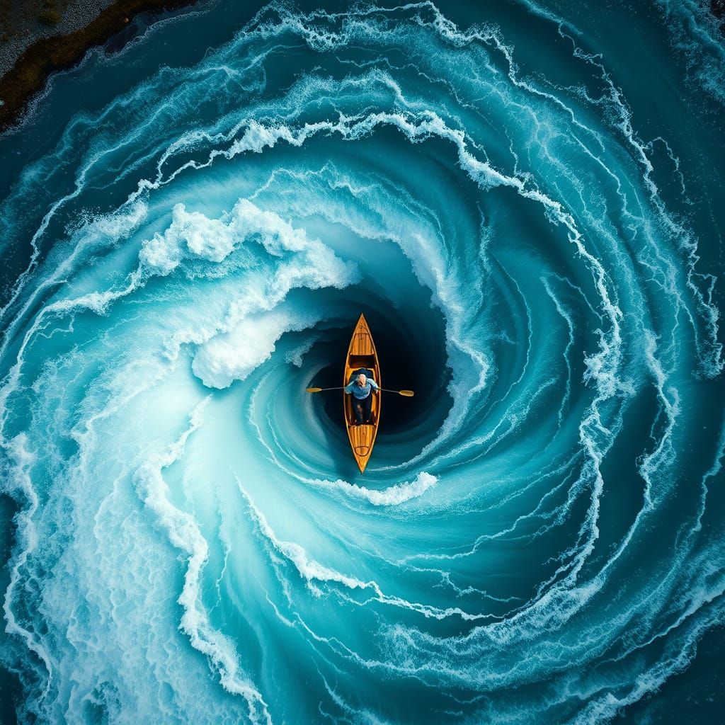Person on Boat at Edge of Giant Whirlpool
