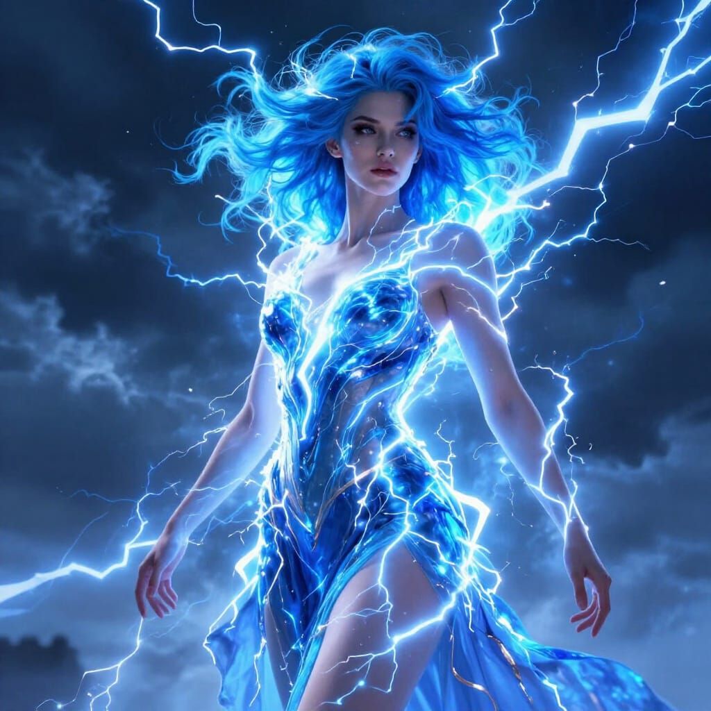 Electric Blue Woman with Lightning Hair and Gown