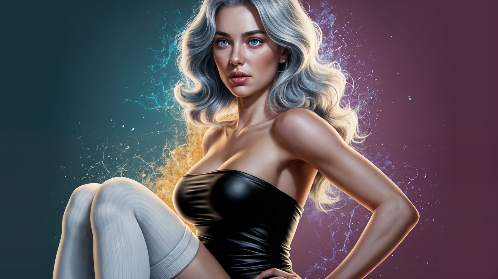 Hyperrealistic Woman in Black Dress with Side Lighting