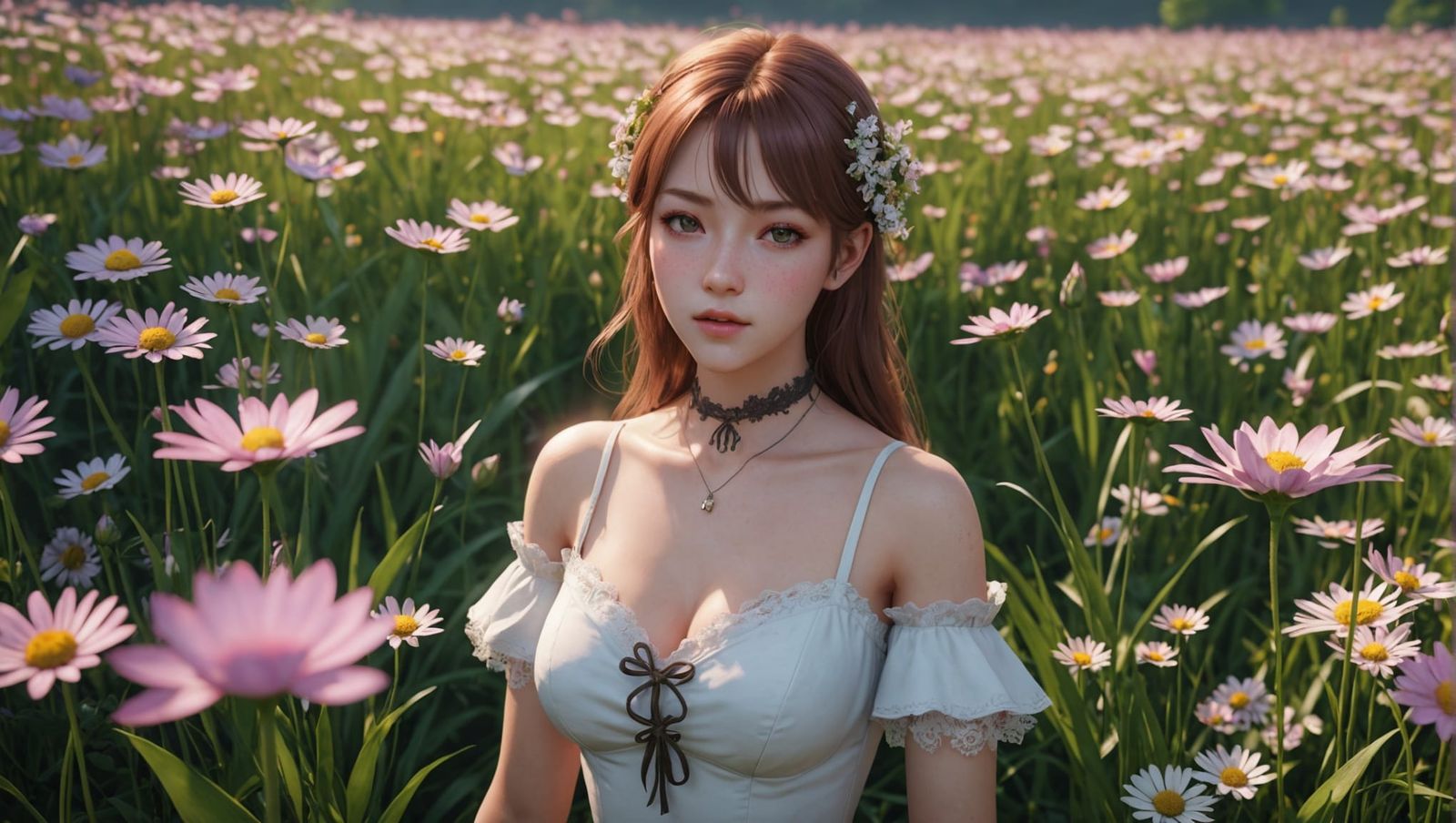 Erotic Woman in Red Light on Flower Meadow: Anime Art