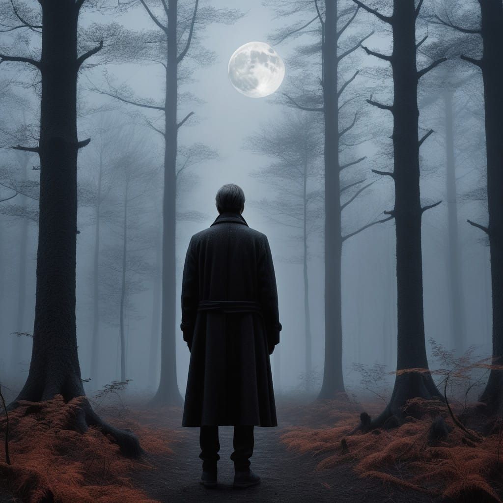 Mysterious Moonlit Forest Encounter in a Dark, Moody Art Sty...