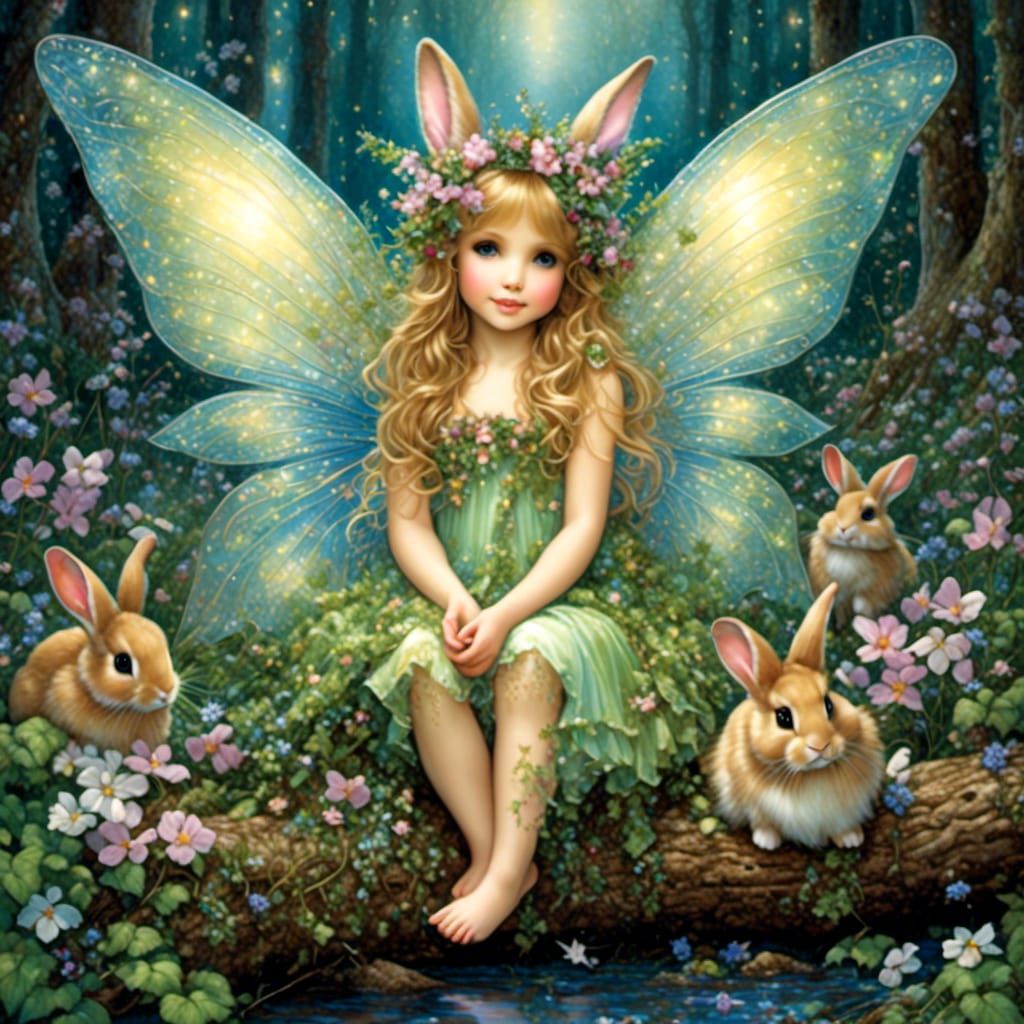 Spring Fairy with Rabbits in Watercolor Style