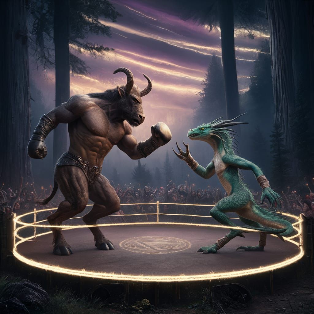 Minotaur vs Dragon-kin Boxing in Enchanted Forest