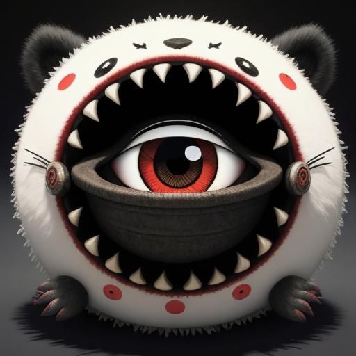 Fuzzy Red Blob with Chibi Eyes in Floral Field