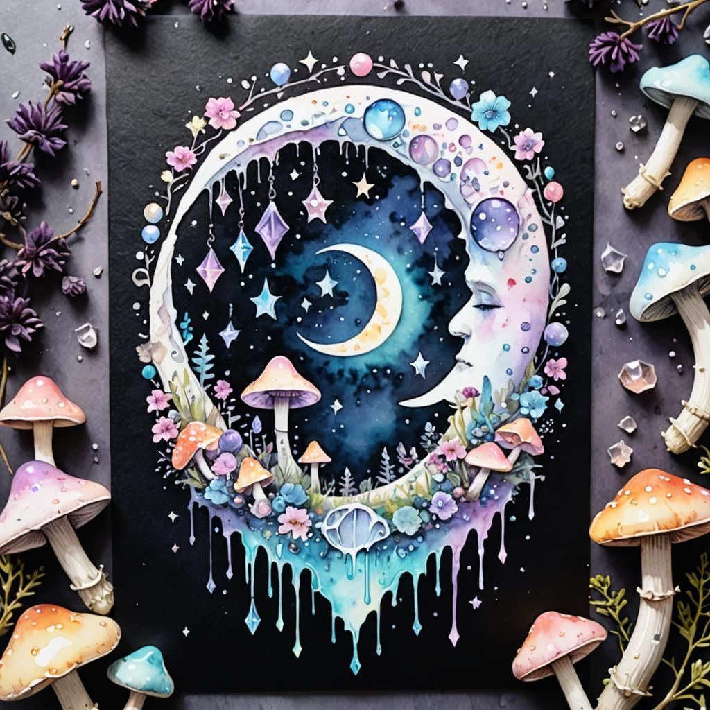 Pastel Goth Crescent Moon with Crystals and Runes