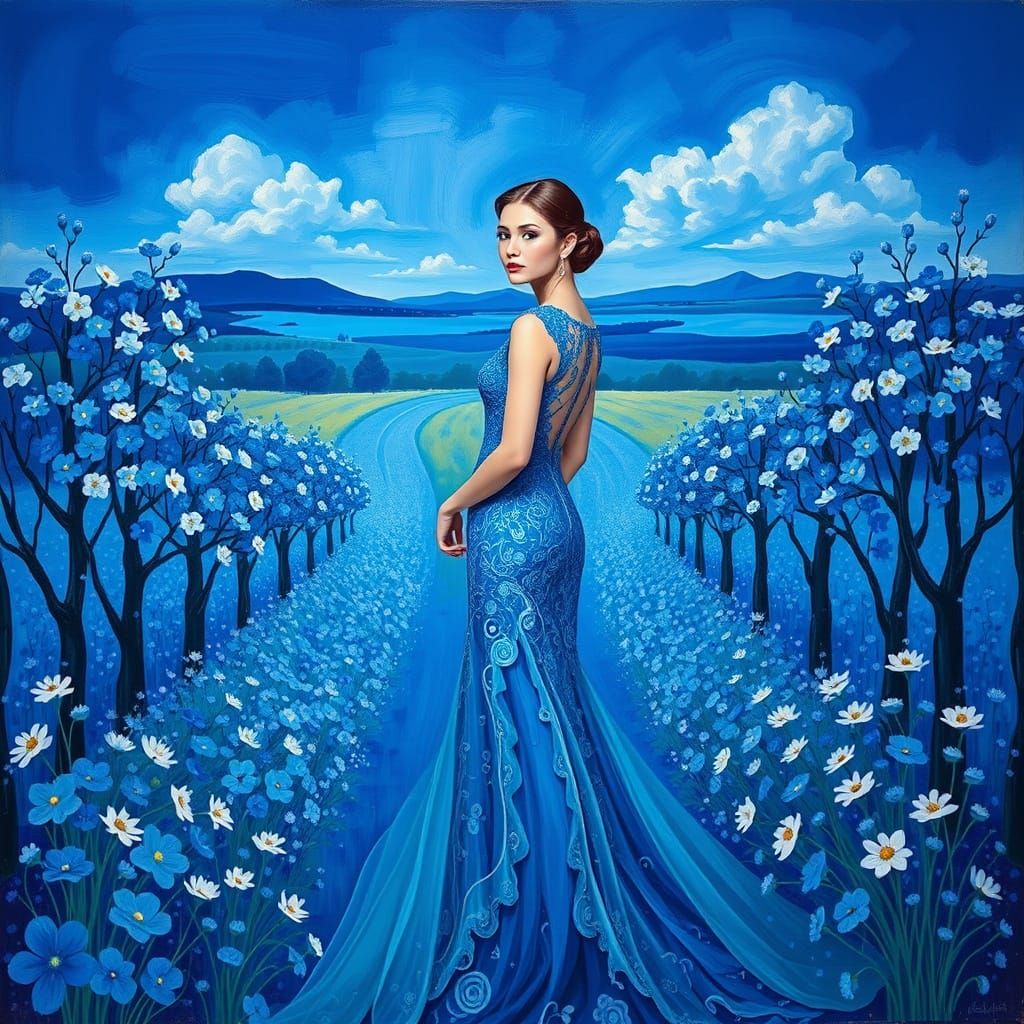 Sapphire Woman in Blue Abstract Landscape