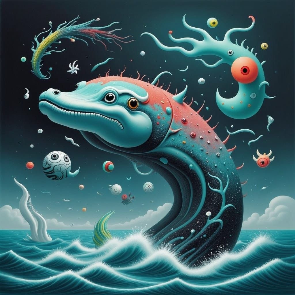 Iridescent Hippocampus Breaching Water, Digital Art