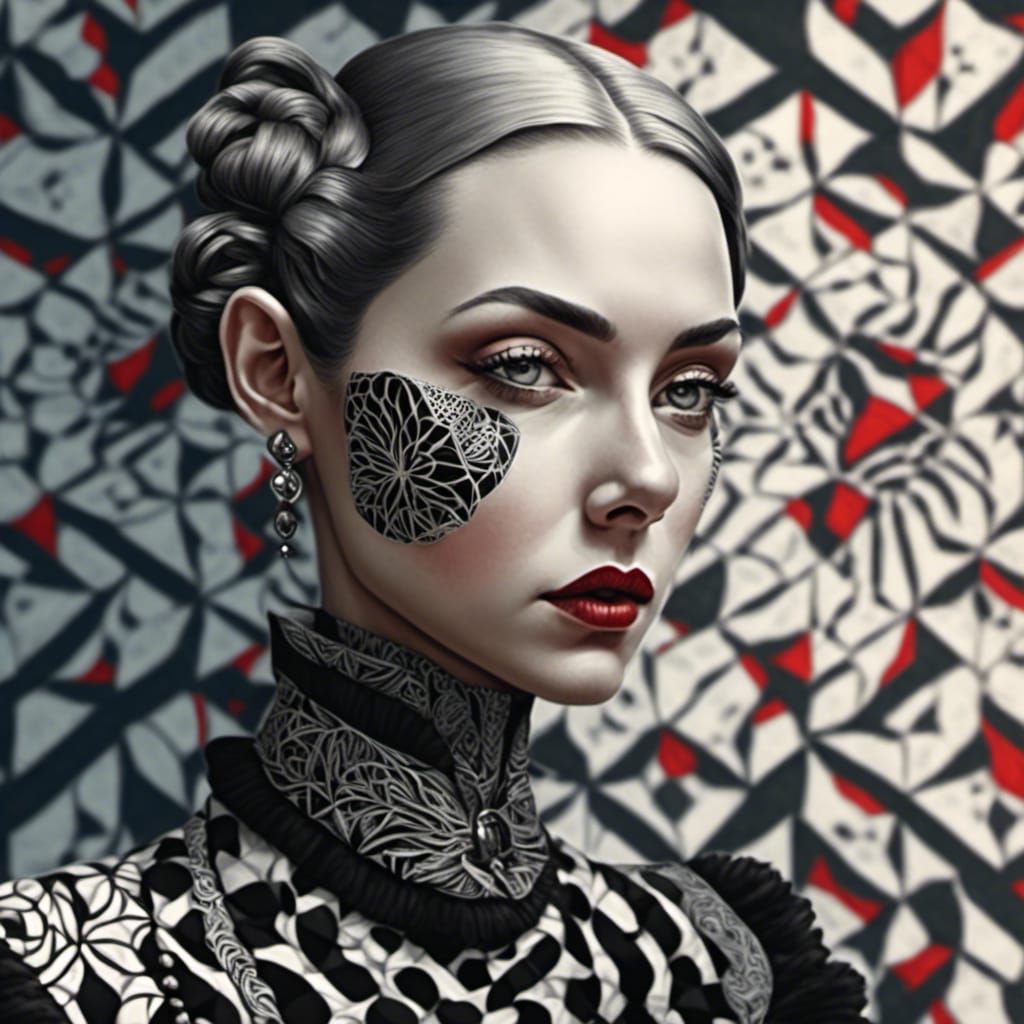 Ultra-absurdres, Zentangle portrait illustration in style of a U.S. newspaper by Tom Bagshaw and Joao Ruas, art deco des...