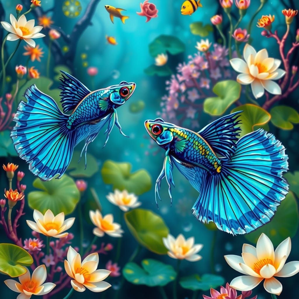 Vibrant Aquatic Scene with Guppies and Water Lilies in Pop A...