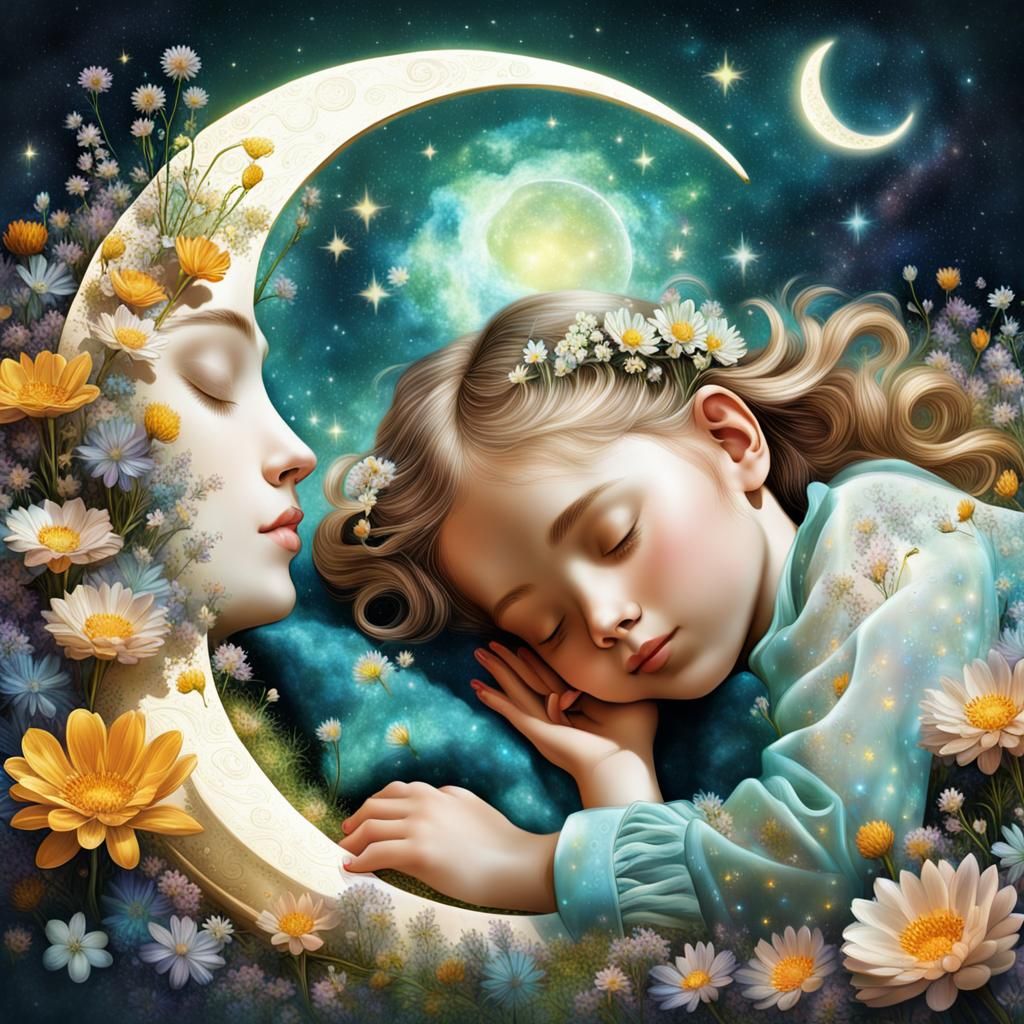 Girl Asleep on Moon in Visionary Style