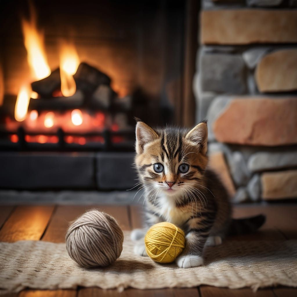 Cozy European Tabby Kitten Plays Near Fireplace in Rustic Fa...