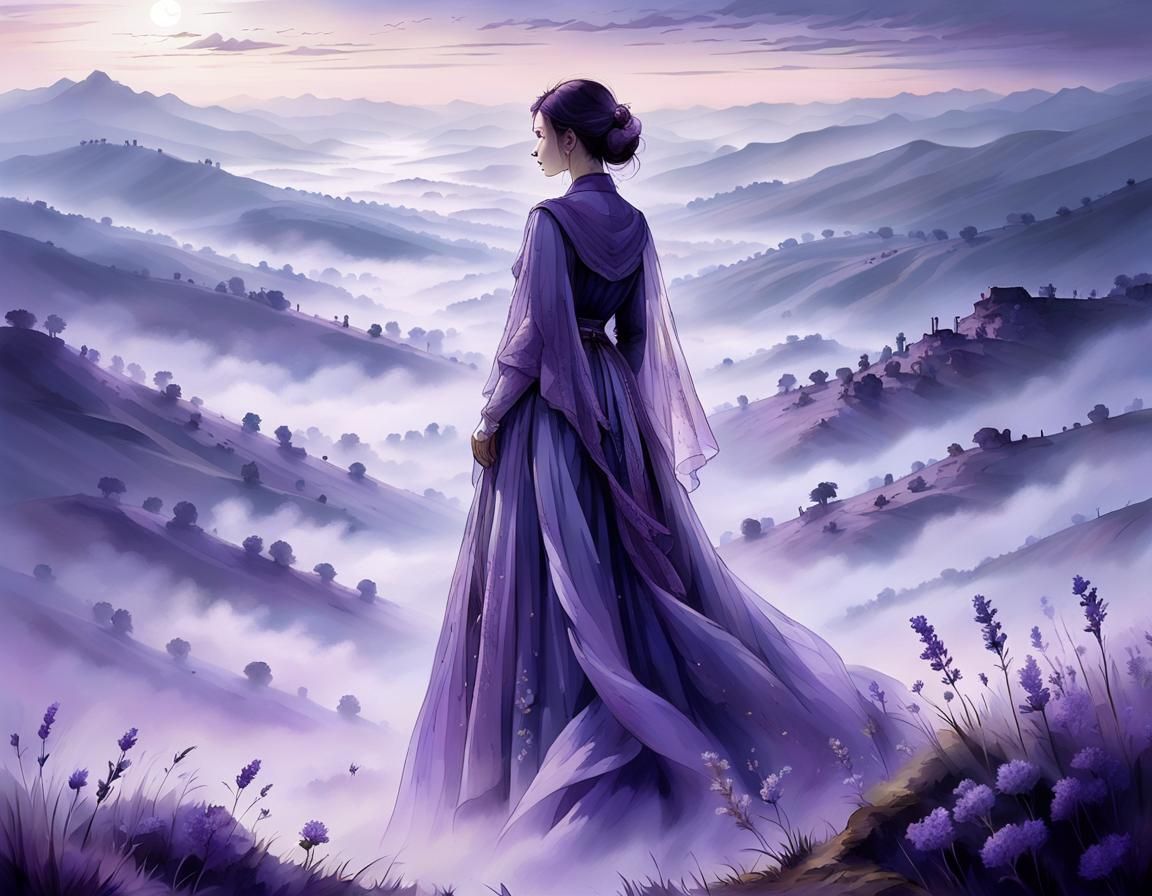 Mysterious Woman in Misty Valley: German Romanticism