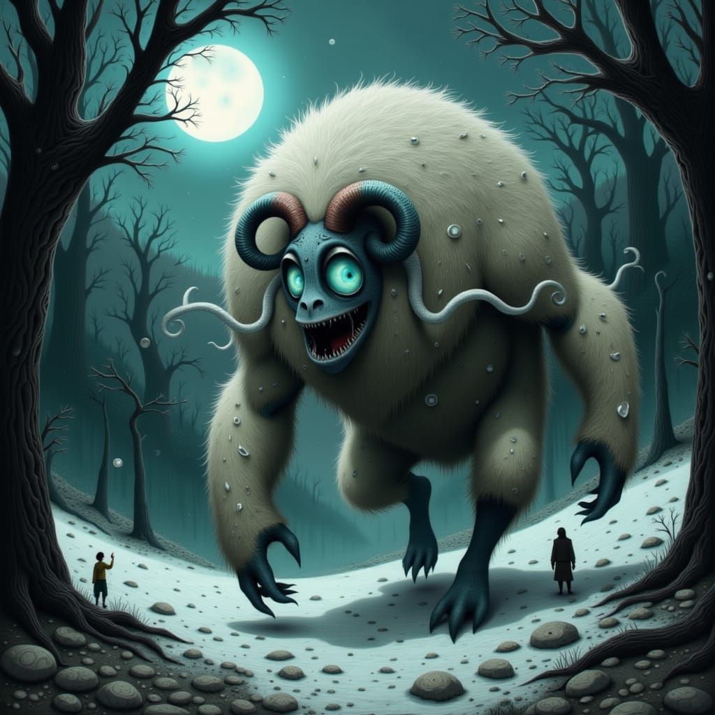 Mystical Sheepsquatch in Moonlit Forest, Fantasy Art