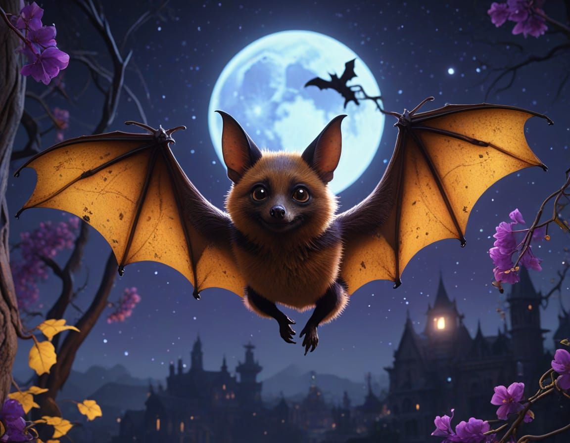 Cute Indian Flying Fox Bat in Dark Fantasy Moonlight