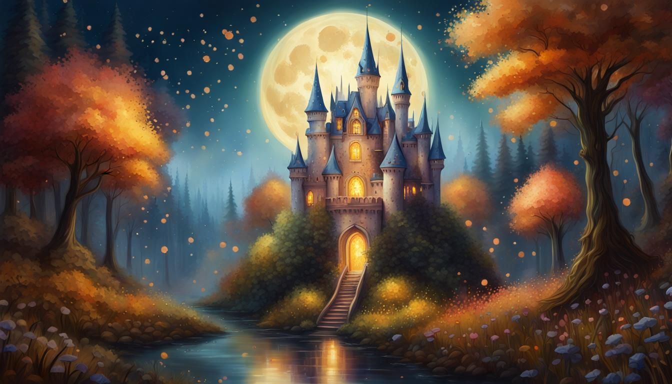 Fairytale Flower Castle in Moonlit Forest Painting