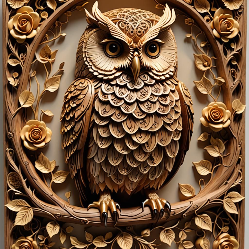 Intricate Wood Carving of an Owl with Roses