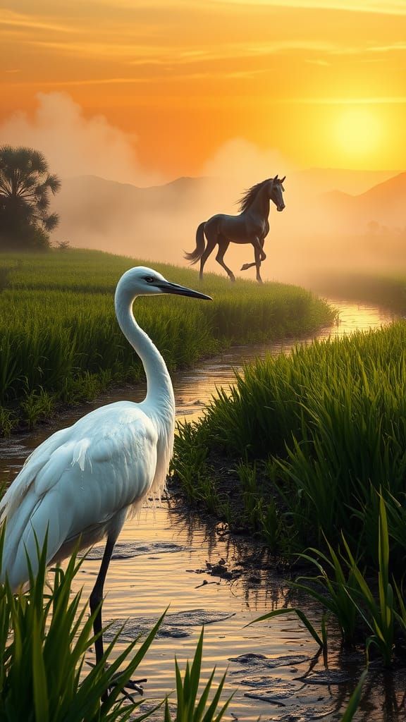 Egyptian spring time white ibis and horse