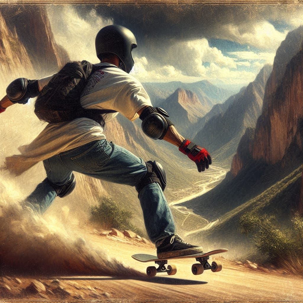 Mountain Skateboarder in Traditional Oil Painting Style