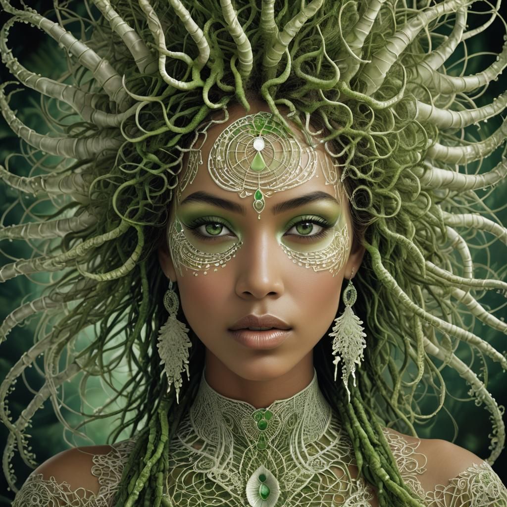 Woman Adorned with Fractal Hair in Algorithmic Art Style