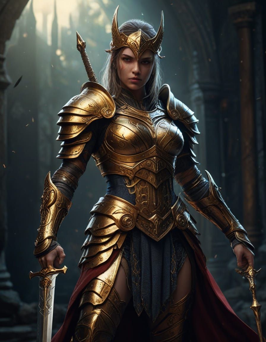 Ancient Female Warrior Posing in Golden Armor