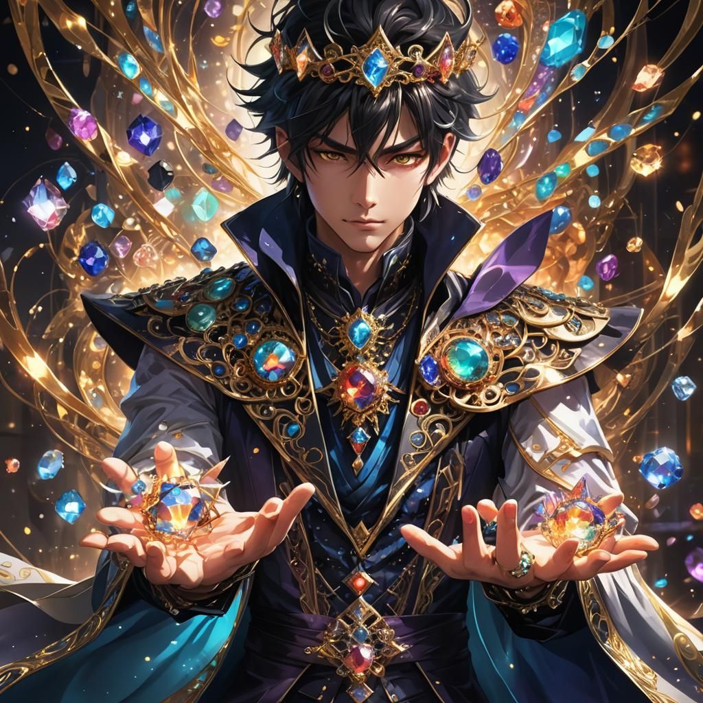Elegant Anime Sorcerer Portrait with Magic Gems