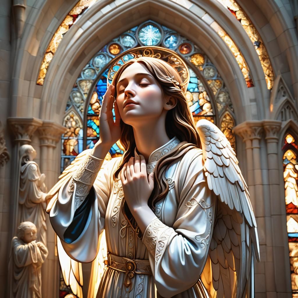 Angels Blessing Woman in Gothic Cathedral