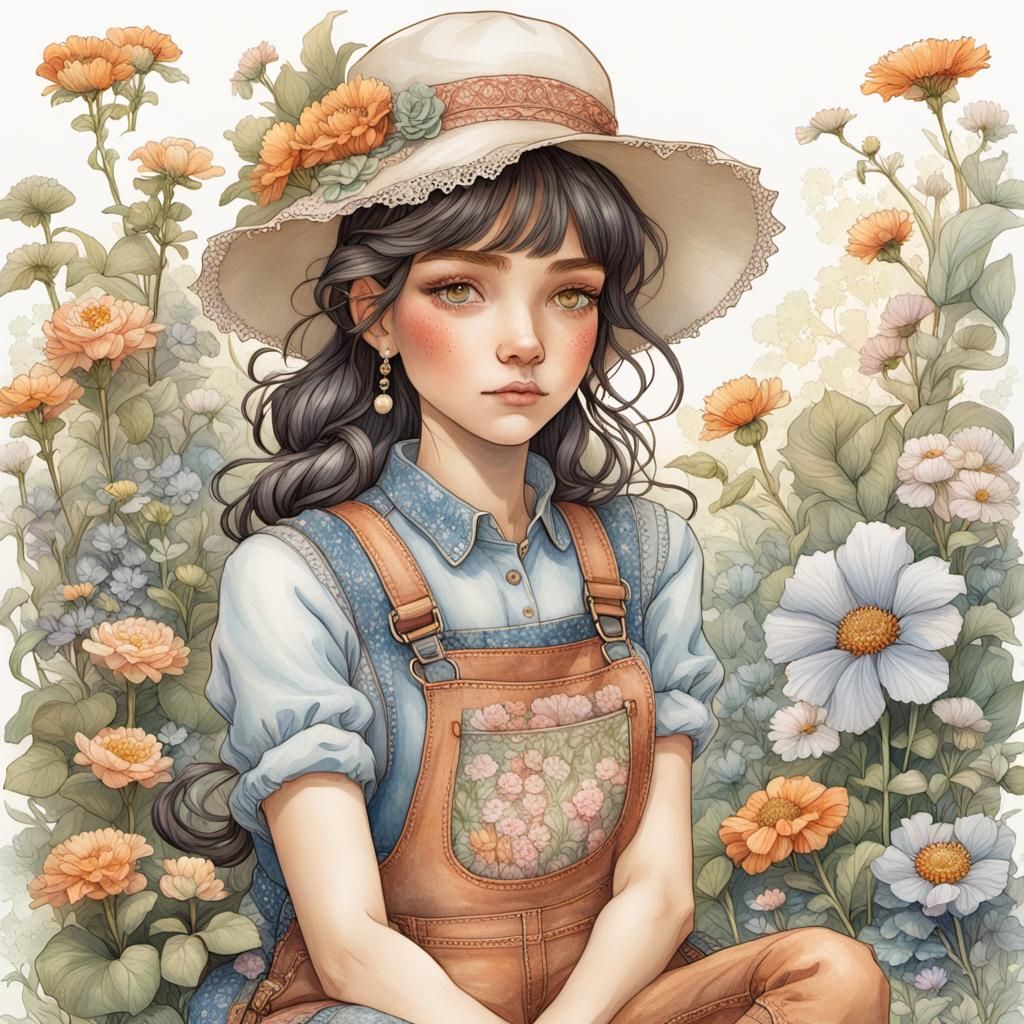 Girl in Overalls Portrait, Sarah Kay Style