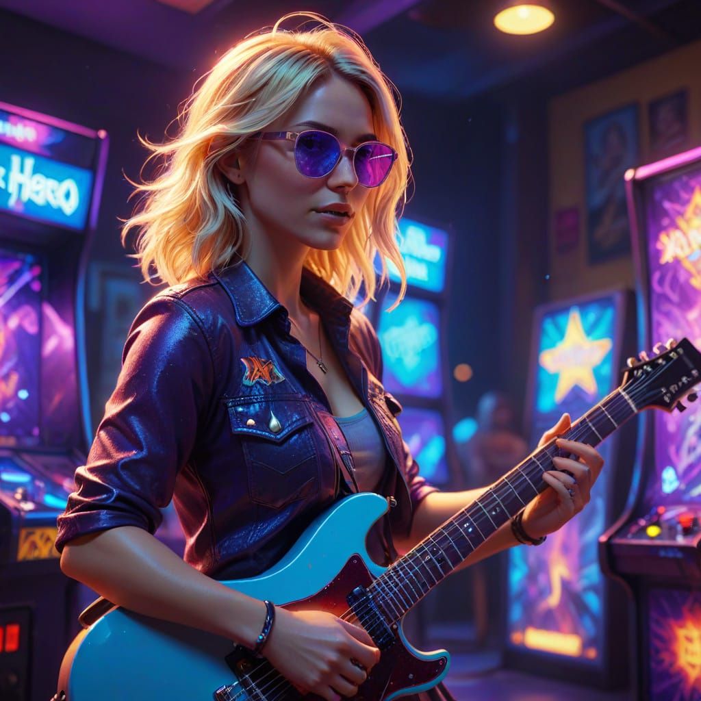 Blonde Woman Plays Guitar Hero in Arcade - Oil Painting