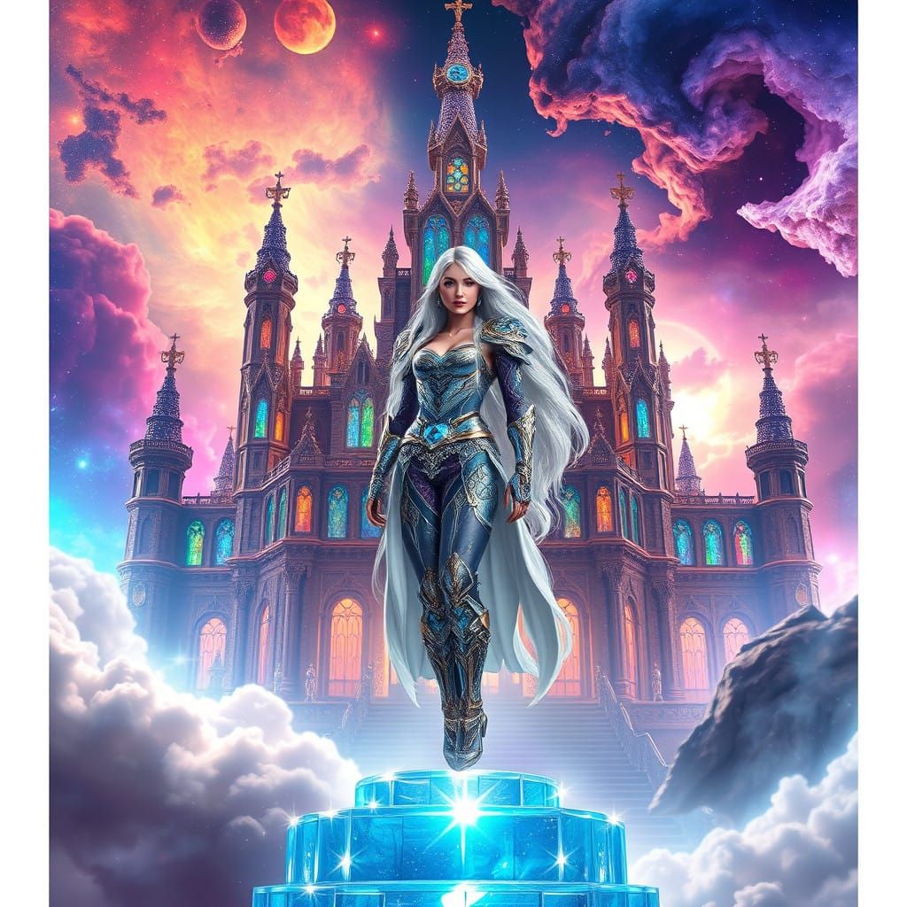 Crystal Palace in Iridescent Nebula with Celestial Warrior P...