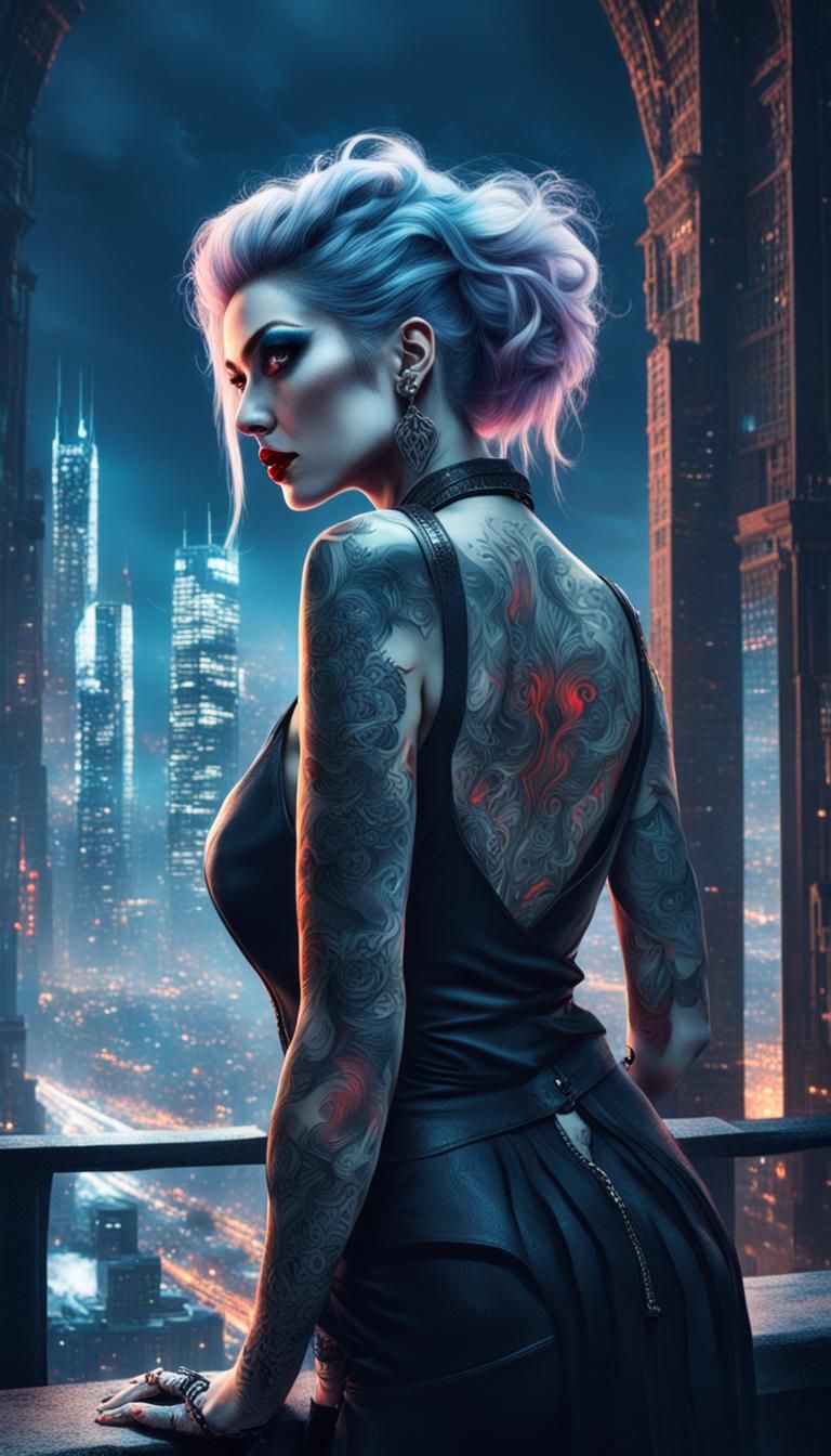 Vampire Woman Over Cityscape in Precisionist Art