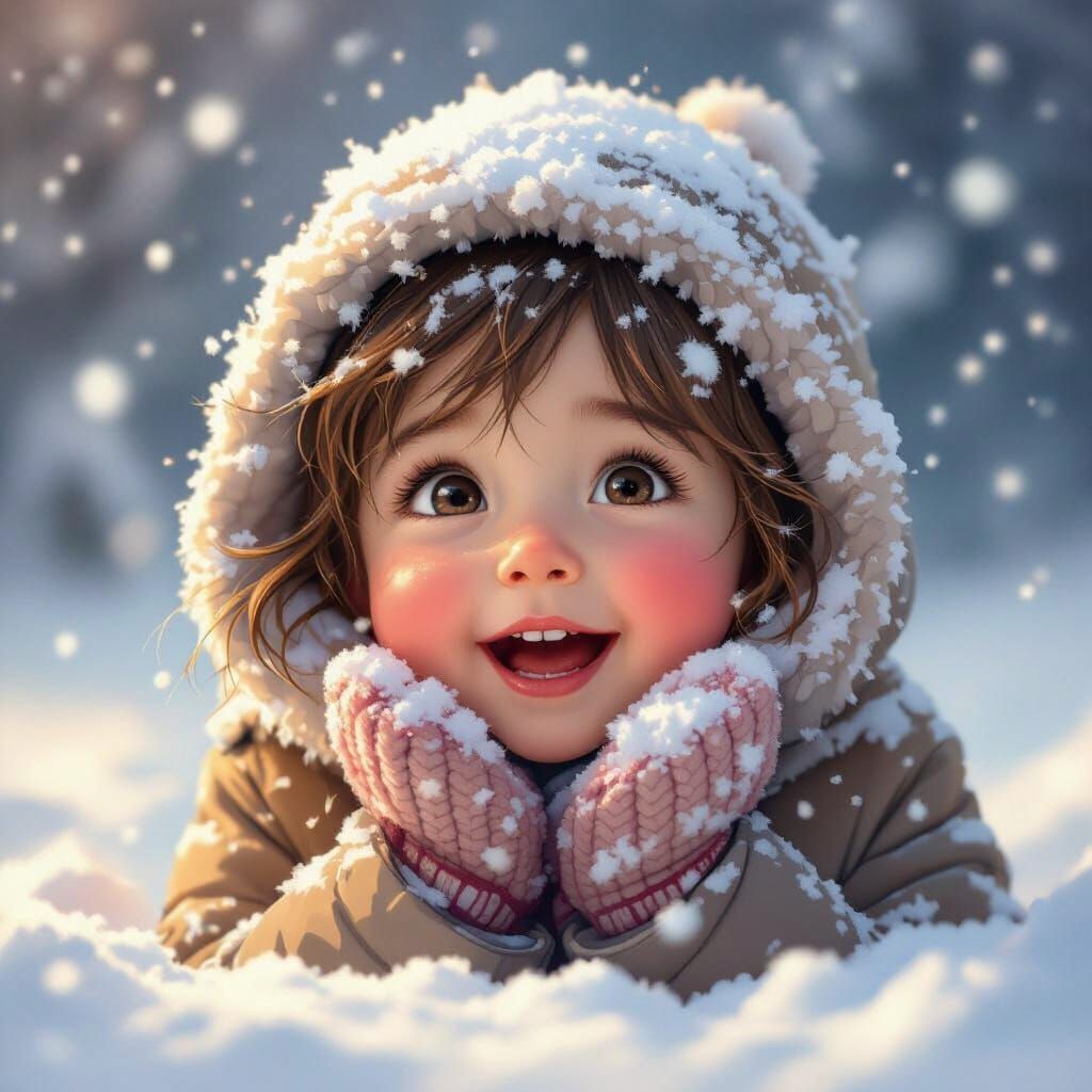 Child's Joyful First Snow Experience in Splash Art Style
