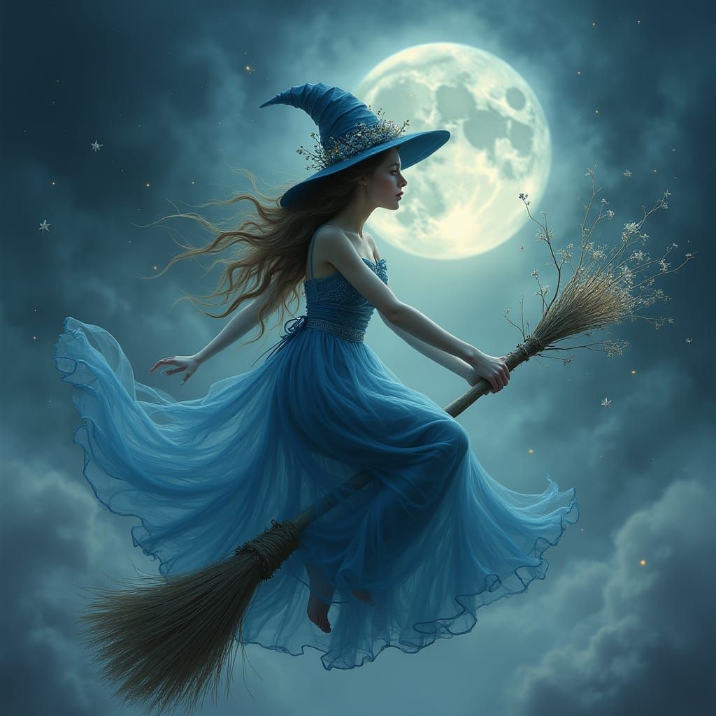 Mystical Witch Rides Glowing Broom through Dreamy Landscape